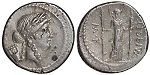 Silver denarius,42 BC, showing Artemis as light-bringer and huntress